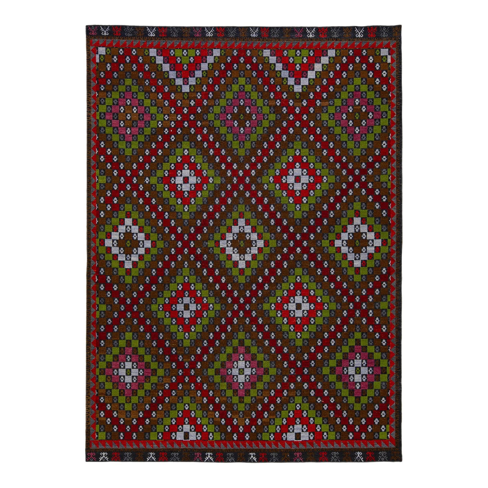 Handmade Brown Soumak Wool Rug 10' x 14' Multicolor Geometric Design: Handmade Brown Soumak Wool Rug 10' x 14' Multicolor Geometric Design Enhance your living space with this stunning Brown Modern Soumak Handmade Multicolor Geometric Designed Wool Rug. Expertly hand-kno