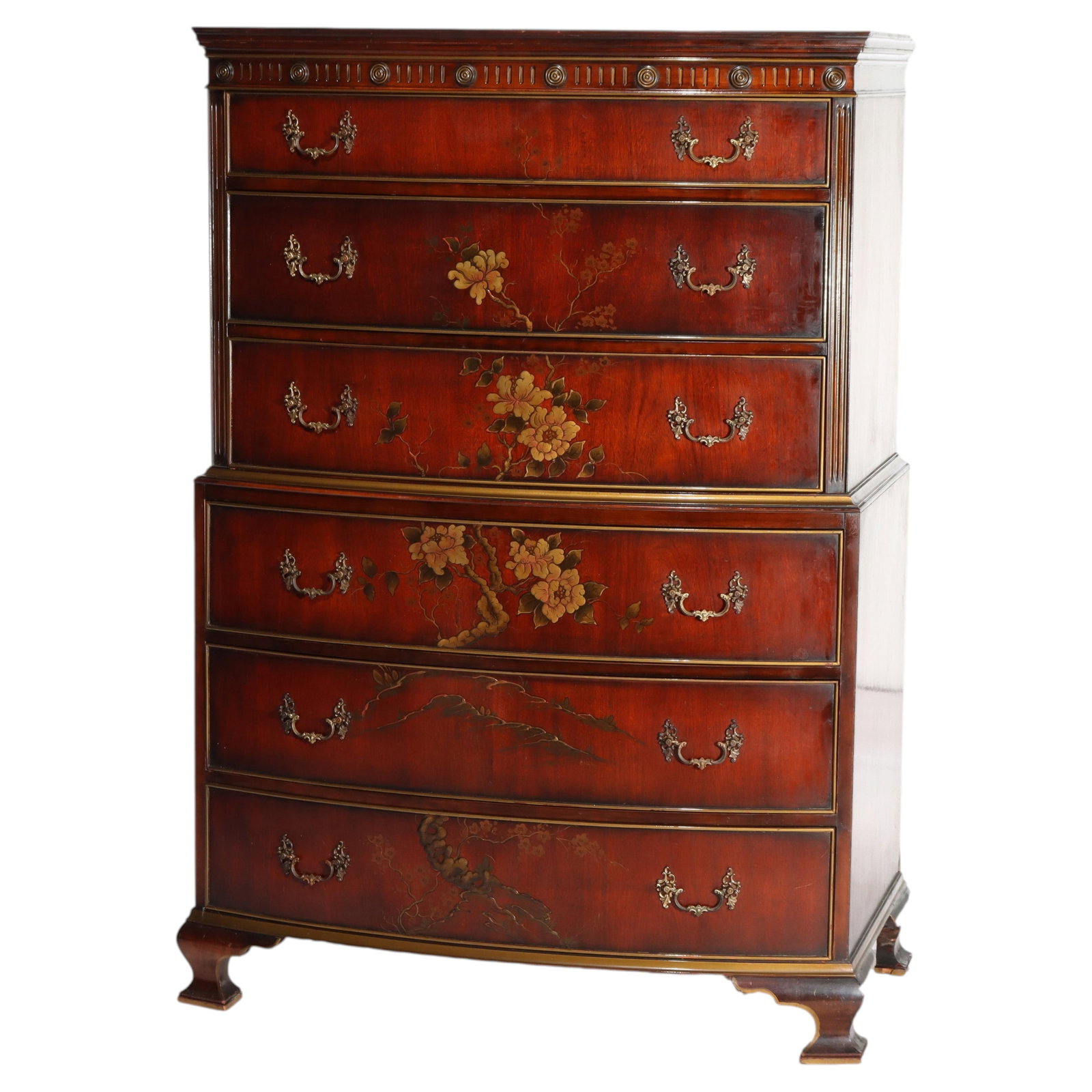 Antique Chinese Chippendale Mahogany Floral Highboy Chest c1920 (1 of 18)