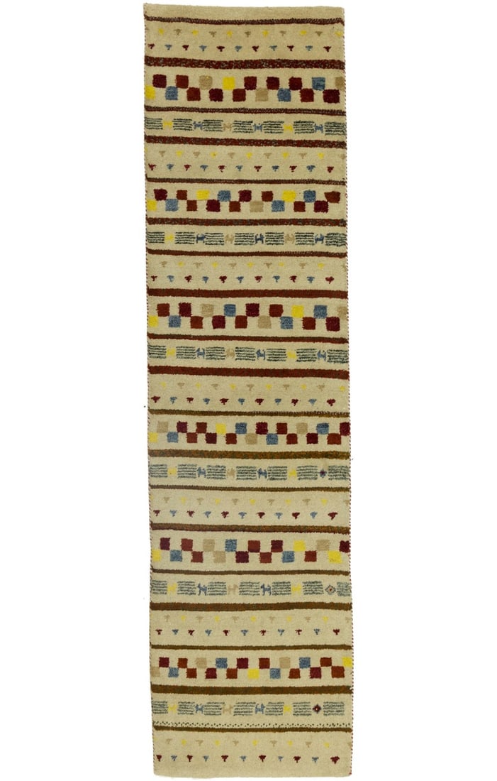 Hand-Knotted Wool Indo Gabbeh 2'6 x 9'7 Runner Rug: Hand-Knotted Wool Indo Gabbeh 2'6 x 9'7 Runner Rug This handmade Indo-Gabbeh runner rug features a modern tribal design with a pictorial pattern. Crafted from high-quality wool, it offers a soft and h