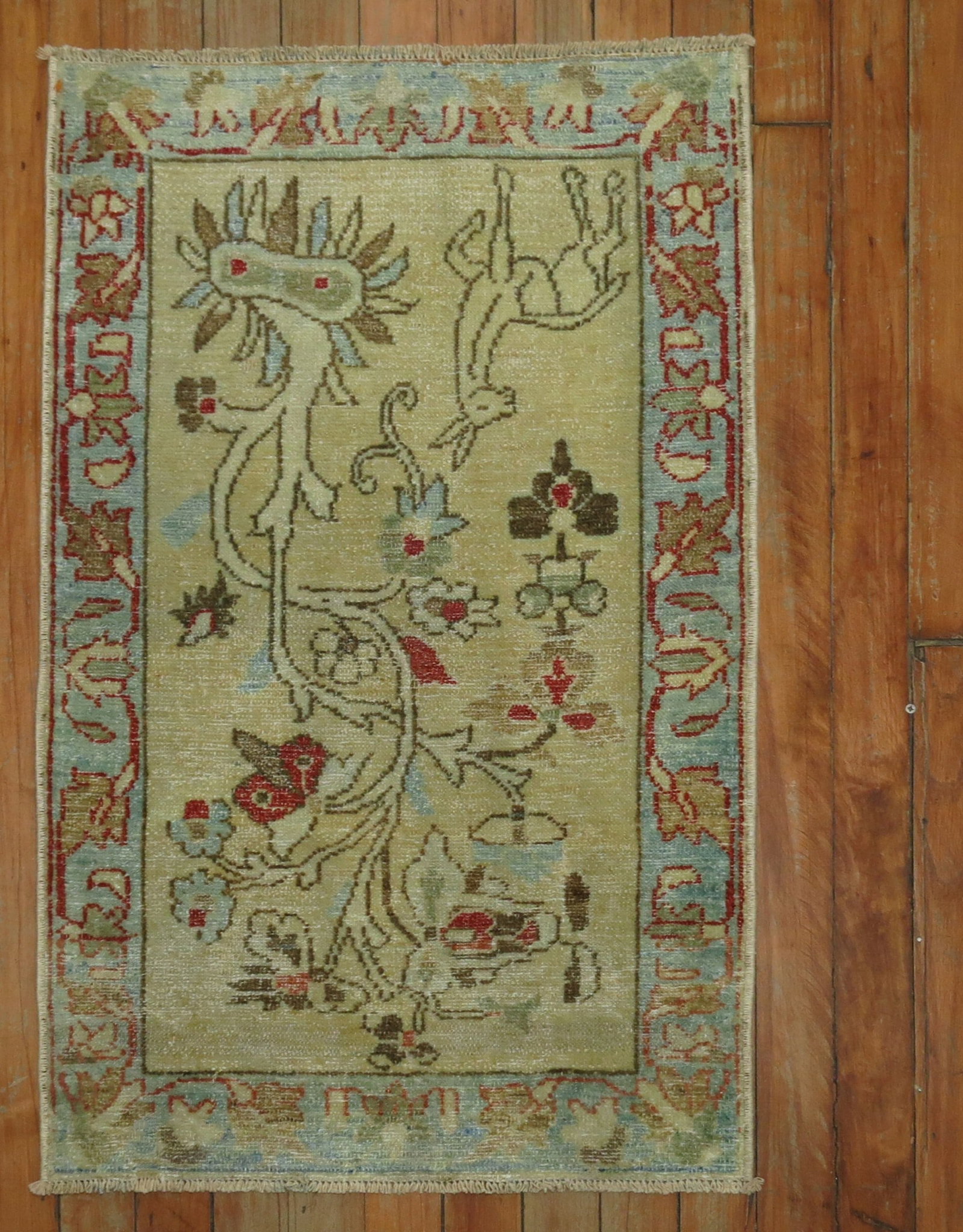 1' 9" x 2' 9" Persian pictorial yastik mat: 1' 9" x 2' 9" Persian pictorial yastik mat Pre-owned Persian pictorial mat with decorative accenting and a detailed pictorial design. Classified as a Yastiks category rug, this piece offers a compact 