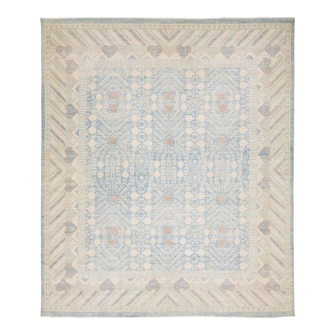 16'2 x 19'1 Hand-Knotted Wool Khotan Inspired Rug in Sky Blue and Ivory: 16'2 x 19'1 Hand-Knotted Wool Khotan Inspired Rug in Sky Blue and Ivory This hand-knotted wool area rug presents a modern take on classic East Turkestani Khotan motifs. Showcasing the distinctive Pome