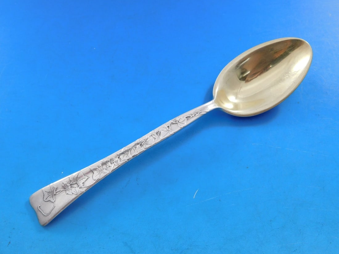 Tiffany Sterling Silver Ice Cream Spoon Lap Over Edge 6 Inch Gold-Washed Leaf Motif (1 of 5)