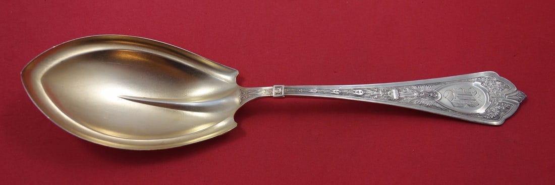 Schulz and Fischer Cleopatra Sterling Silver Pudding Spoon Gold Washed 9: Schulz and Fischer Cleopatra Sterling Silver Pudding Spoon Gold Washed 9 A Sterling Silver serving spoon from the Cleopatra pattern by Schulz & Fischer. It is described as a pudding spoon with a gold 