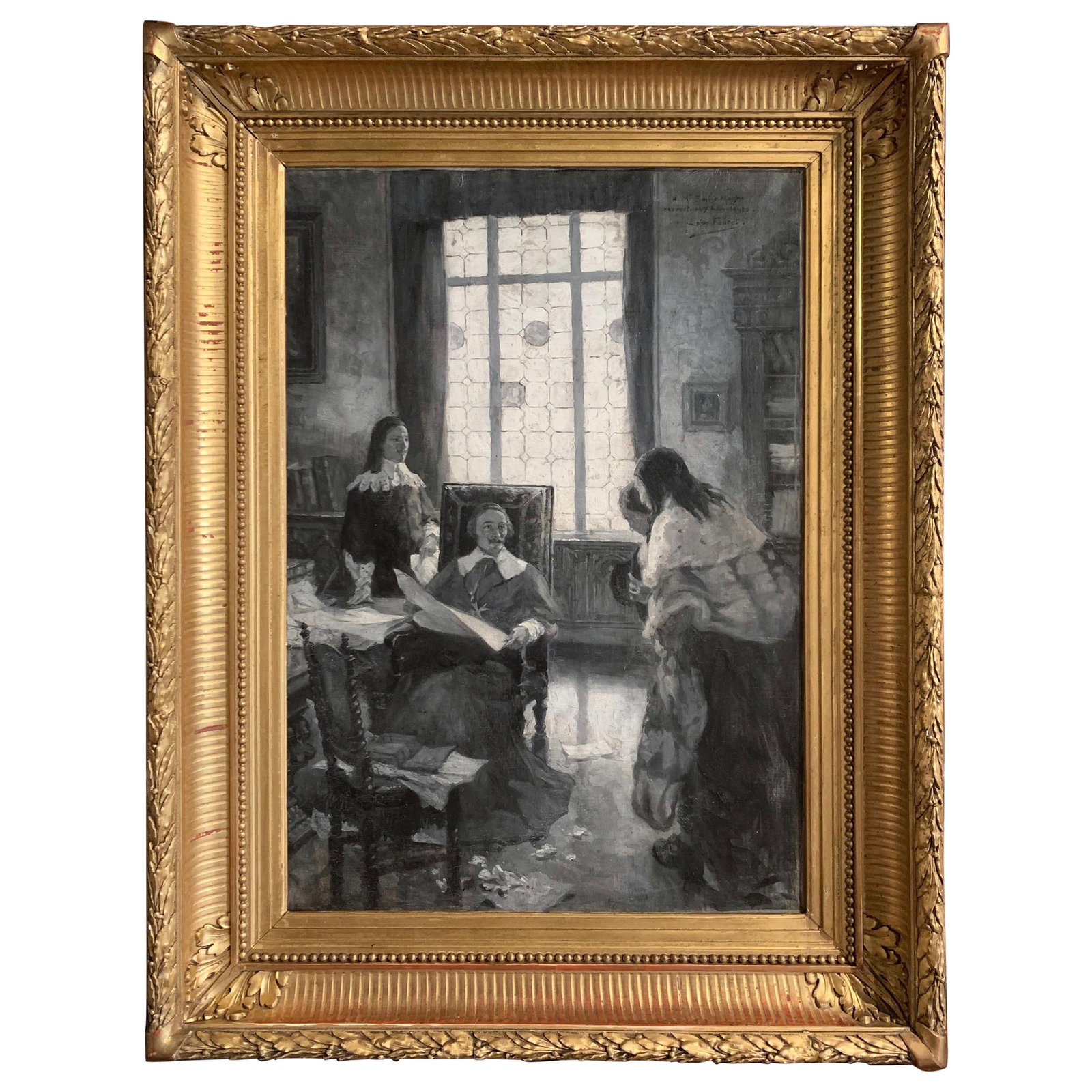 Leon Fauret Grisaille Oil Depicting Cardinal Richelieu in Giltwood Frame: Leon Fauret Grisaille Oil Depicting Cardinal Richelieu in Giltwood Frame This late 19th-century French grisaille oil painting, signed by Leon Fauret, depicts Cardinal Richelieu seated in his study rea