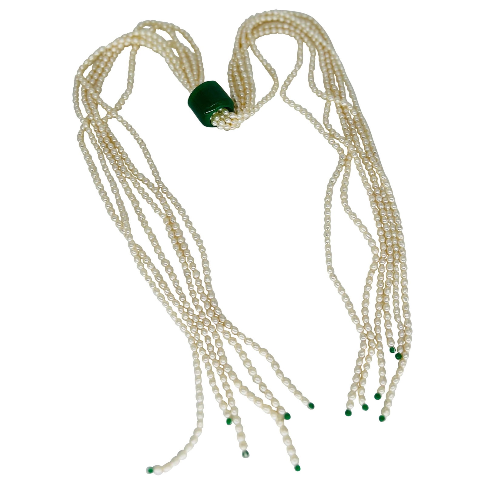 Elegant 20th Century Multi-Stranded Pearl Jade Necklace with Adjustable Clasp: Elegant 20th Century Multi-Stranded Pearl Jade Necklace with Adjustable Clasp This exquisite multi-stranded necklace showcases six strands of lustrous 39.25" string pearls, elegantly ending with