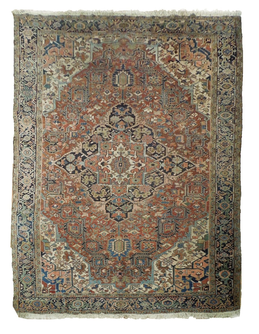 9.8 x 13 Antique Hand-Knotted Persian Heriz Rug Red Semi-Antique: 9.8 x 13 Antique Hand-Knotted Persian Heriz Rug Red Semi-Antique Free continental US Shipping Experience the elegance of this exquisite 9.8 x 13.0 Antique Hand-knotted Persian Heriz Rug, expertly craf