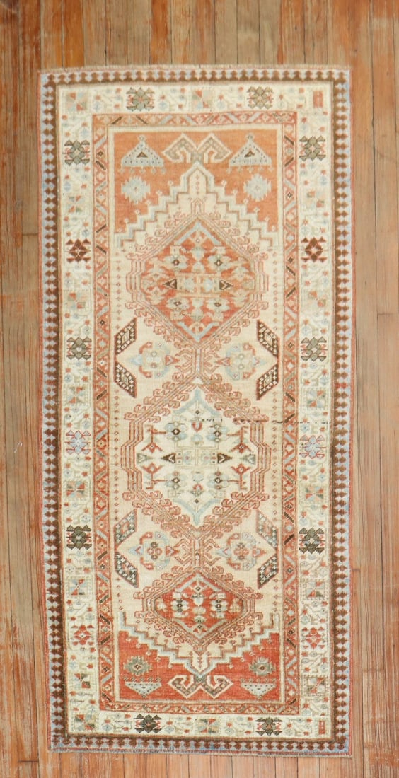 2' 10" x 5' 5" Persian Serab tribal rug runner 1920s: 2' 10" x 5' 5" Persian Serab tribal rug runner 1920s Antique Persian tribal Serab small runner from the 1920s, featuring warm colors and an intricate geometric design. This pre-owned rug reflects the 