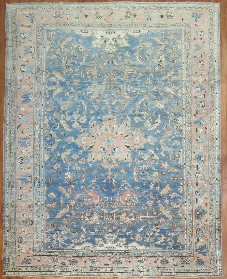 8' 11" x 11' 3" Persian Malayer pictorial room rug blue: 8' 11" x 11' 3" Persian Malayer pictorial room rug blue Persian Malayer pictorial room-size rug with a blue field featuring small pigeons floating across the ground. This pre-owned rug is categorized 