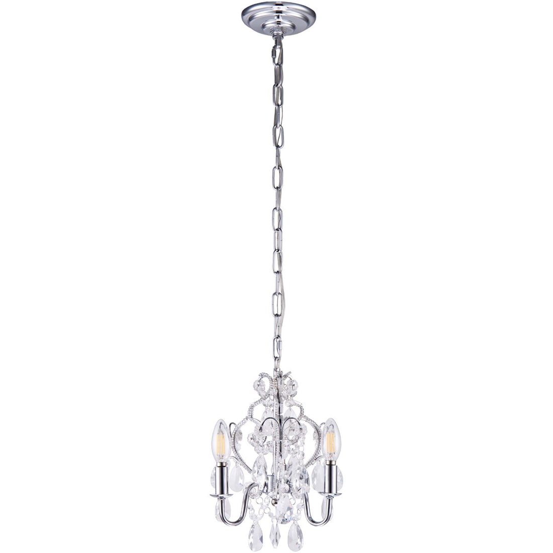 Living District Karter 3 Light Chrome Crystal Pendant: Living District Karter 3 Light Chrome Crystal Pendant This pre-owned crystal chandelier features a shabby and chic design with a chrome finish and a round metal frame. It is equipped with three lights