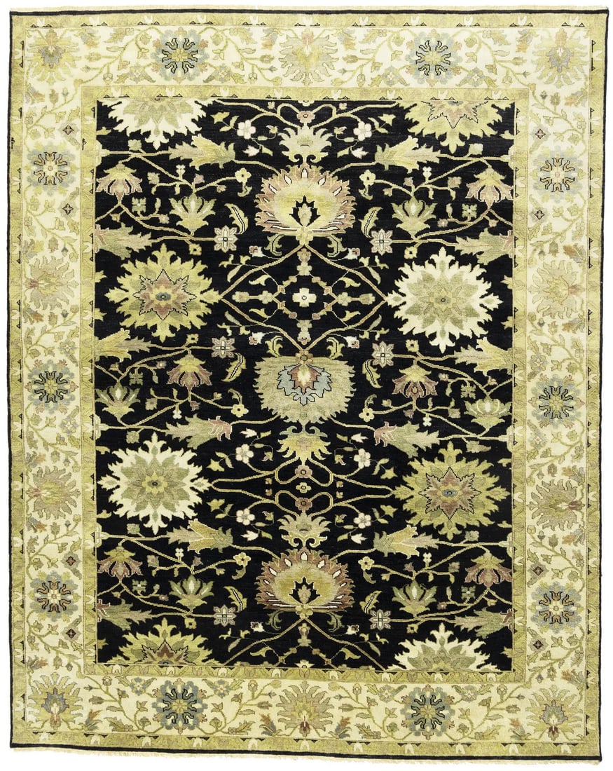 Handmade Oushak Chobi Wool Rug 8x10 ft Black Floral Design: Handmade Oushak Chobi Wool Rug 8x10 ft Black Floral Design Elevate your living space with this exquisite Handmade Oushak Chobi Wool Rug, measuring 8'1" x 10'0". Featuring a stunning floral pattern in 