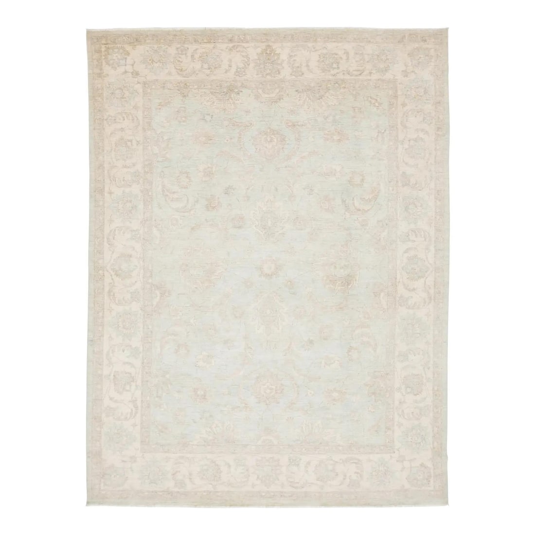 9' x 11'10" Modern Peshawar Wool Rug in Ivory: 9' x 11'10" Modern Peshawar Wool Rug in Ivory Modern Peshawar hand-knotted wool rug with a soft, airy palette of powder blue, ivory, and sand. It features large-scale floral motifs and a tea-washed fi