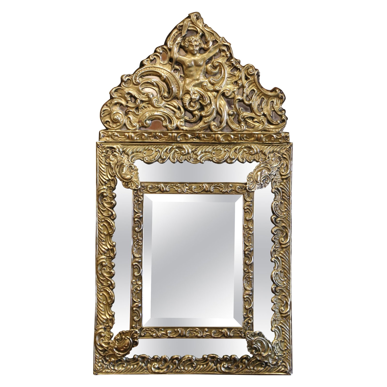 Antique 19th Century French Napoleon III Repousse Brass Wall Mirror: Antique 19th Century French Napoleon III Repousse Brass Wall Mirror This exquisite 19th Century French Napoleon III wall mirror is a stunning example of antique craftsmanship. Created circa 1870 in Fr