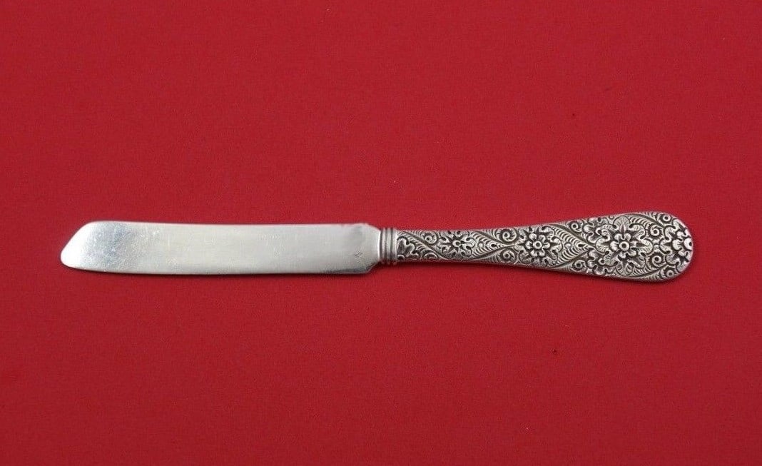Tiffany & Co Antique Engraved Sterling Silver Fruit Knife 6.75": Tiffany & Co Antique Engraved Sterling Silver Fruit Knife 6.75" Offering a splendid example of craftsmanship from Tiffany & Co., this antique engraved sterling silver fruit knife measures 6 3/4 inches