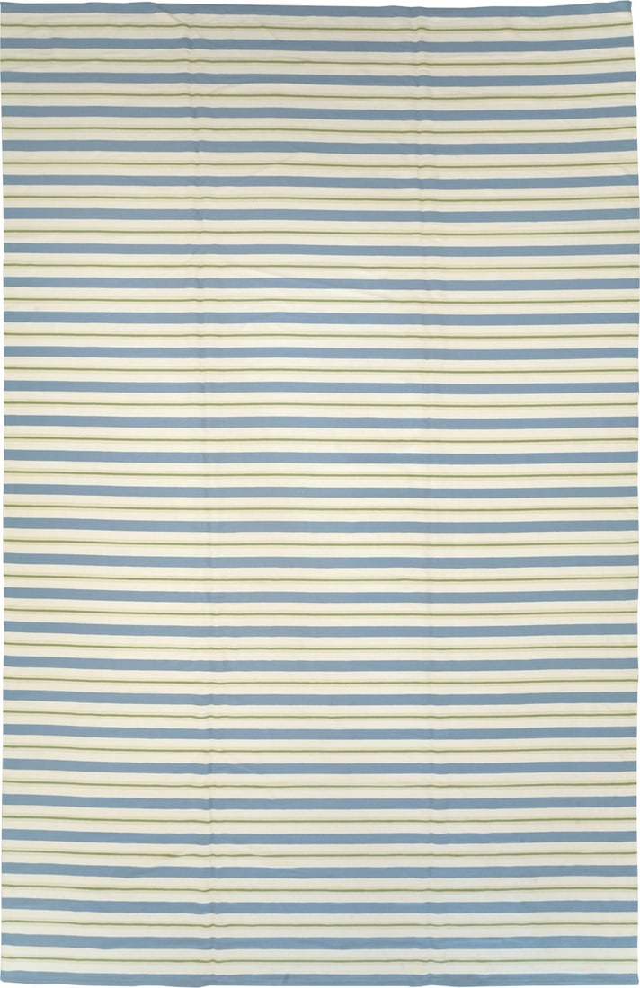 13' x 20' 4" Oversize Turkish Kilim Flatweave Rug Striped: 13' x 20' 4" Oversize Turkish Kilim Flatweave Rug Striped One-of-a-kind vintage Turkish kilim flatweave featuring a striped pattern in white, blue, and light green. This oversize pre-owned rug offers 