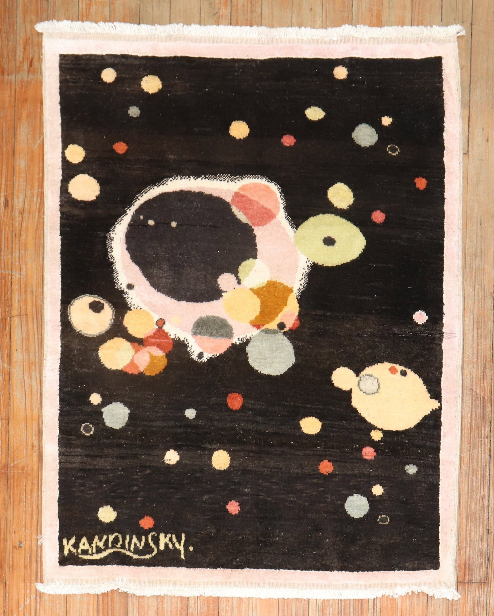 2' 8" x 3' 6" Turkish cotton rug Kandinsky inspired: 2' 8" x 3' 6" Turkish cotton rug Kandinsky inspired Mid-20th century Turkish cotton rug featuring an outer space pattern inspired by Wassily Kandinsky. This pre-owned piece is categorized as an Anatol