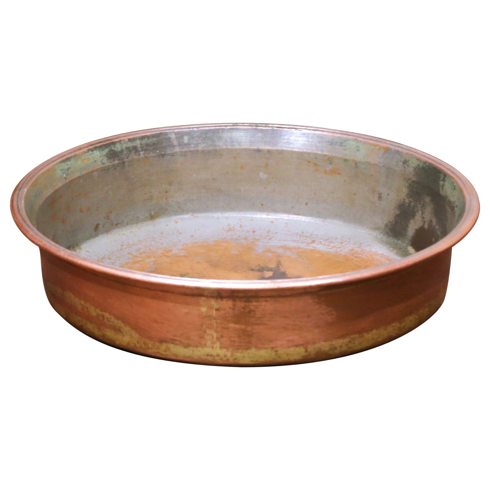 French hammered copper basin with rolled rim and verdigris patina (1 of 7)