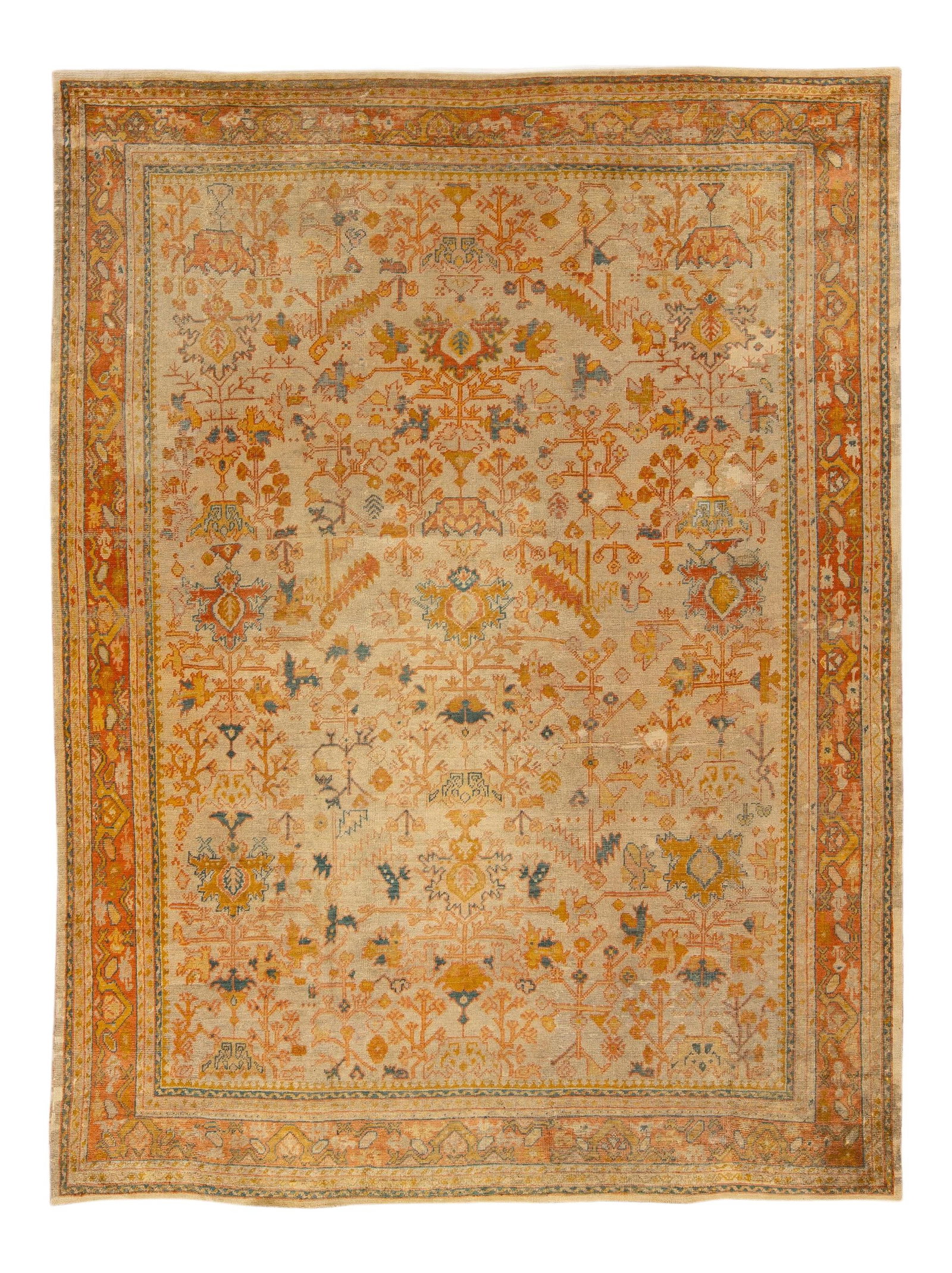 Vintage Turkish Oushak Wool Rug Orange Floral Design 10'5" x 12'4": Vintage Turkish Oushak Wool Rug Orange Floral Design 10'5" x 12'4" This exquisite vintage Turkish hand-knotted wool rug showcases a stunning beige field adorned with vibrant orange and peach accents. 