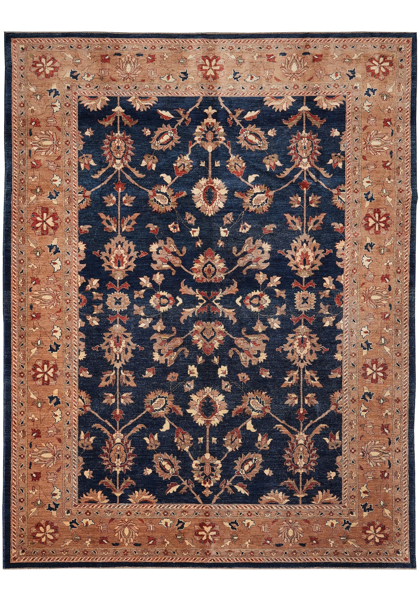 9.3 x 11.8 Handmade Ziegler Chobi Rug Blue Rust Wool: 9.3 x 11.8 Handmade Ziegler Chobi Rug Blue Rust Wool Free continental US Shipping Handmade Ziegler Chobi rug in a Blue and Rust color palette, featuring an all-over floral and vine motif without a cen