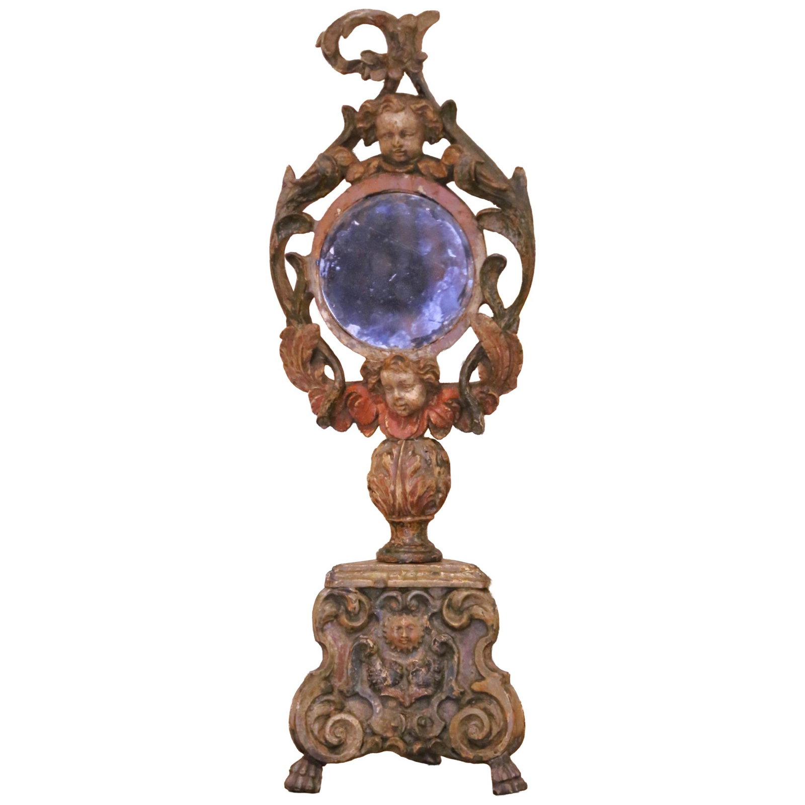Italian Baroque Giltwood Reliquary Mirror 18th Century: Italian Baroque Giltwood Reliquary Mirror 18th Century This mid-18th century Italian Baroque reliquary mirror is a finely crafted decorative piece, dating to circa 1760. The mirror features a vertical
