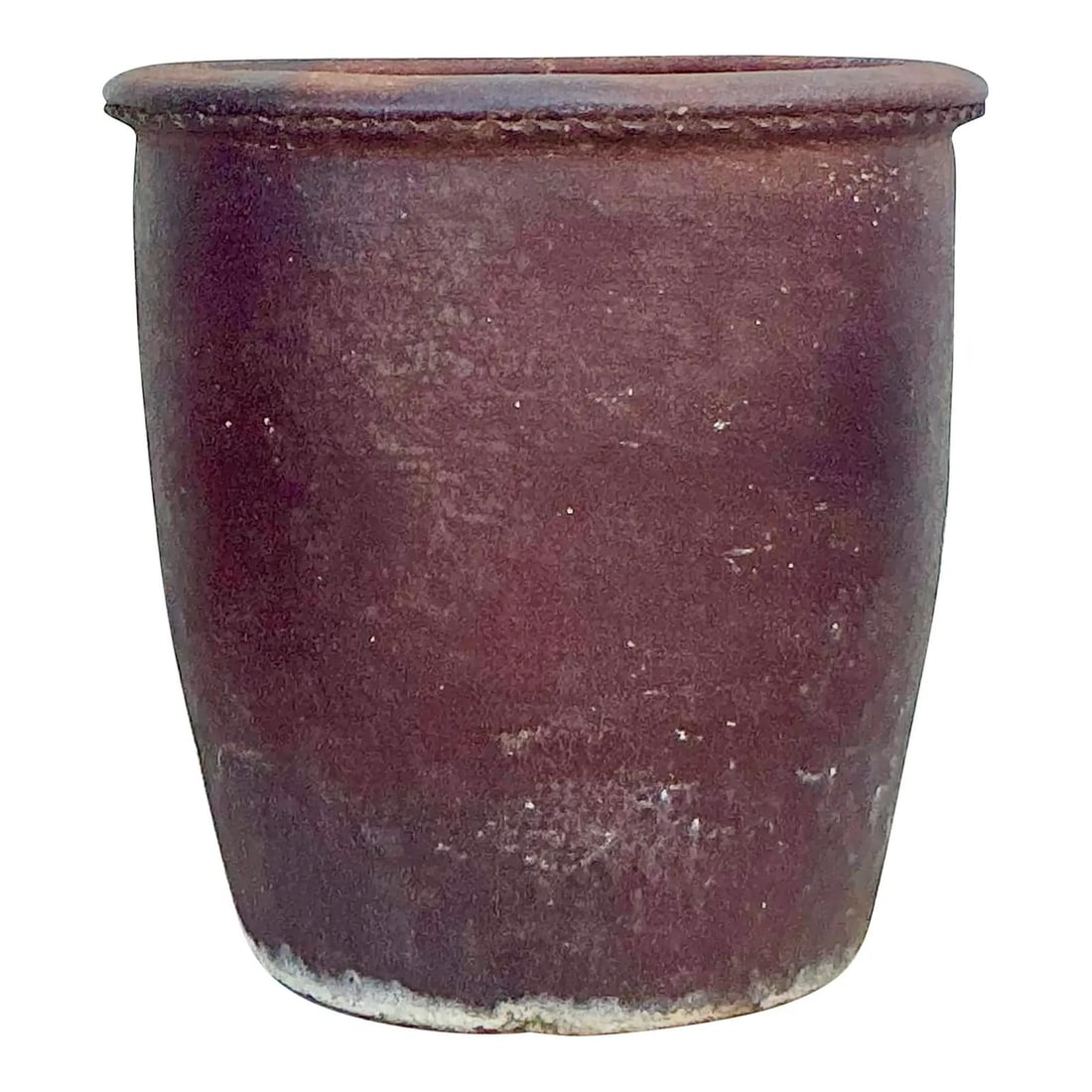 24 Inch Terra Cotta Planter with Scalloped Rim Boho Vintage Style: 24 Inch Terra Cotta Planter with Scalloped Rim Boho Vintage Style This vintage ceramic planter features a substantial, coarsely textured terra cotta or high-fired clay construction with a deep rust-br