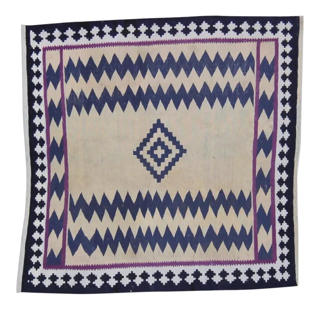 Afghan Sofreh Kilim Handwoven Wool Rug Natural Colors 3'4 x 3'4: Afghan Sofreh Kilim Handwoven Wool Rug Natural Colors 3'4 x 3'4 This vintage Afghan tribal kilim features a hand-woven construction with natural colors and a fine weave, resulting in a soft texture. T