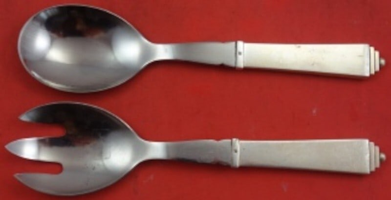 Georg Jensen Pyramid Sterling Silver Salad Serving Set 2pc 7.5": Georg Jensen Pyramid Sterling Silver Salad Serving Set 2pc 7.5" Elevate your dining experience with this exquisite 2-piece salad serving set by Georg Jensen, featuring the elegant Pyramid pattern. Cra