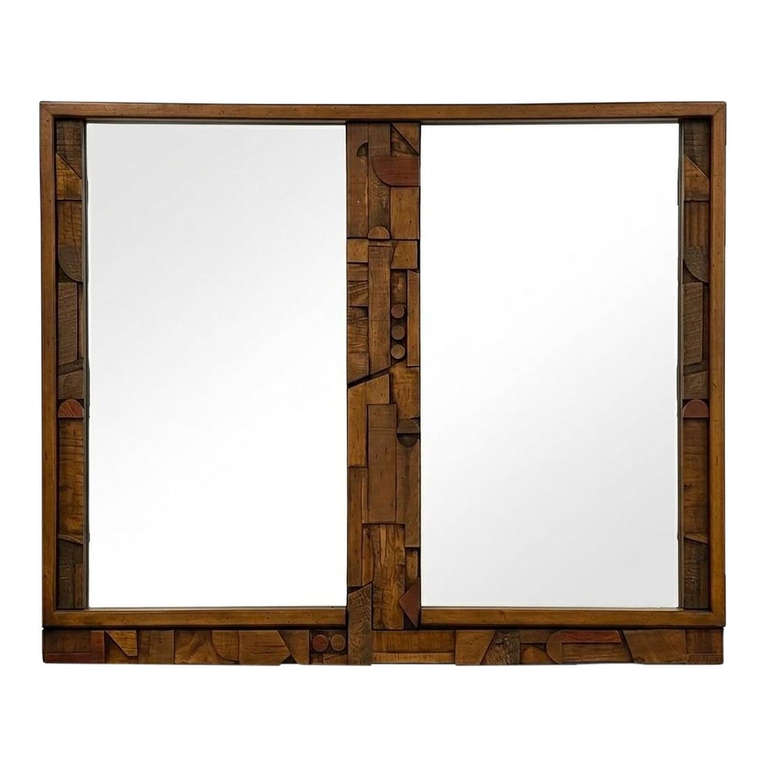 55" Wide Walnut Mirror Lane Pueblo Brutalist Mid Century Modern: 55" Wide Walnut Mirror Lane Pueblo Brutalist Mid Century Modern Mid century modern brutalist mirror by Lane from the Pueblo line, crafted in the USA and dating to the 1970s. This pre-owned piece is ma