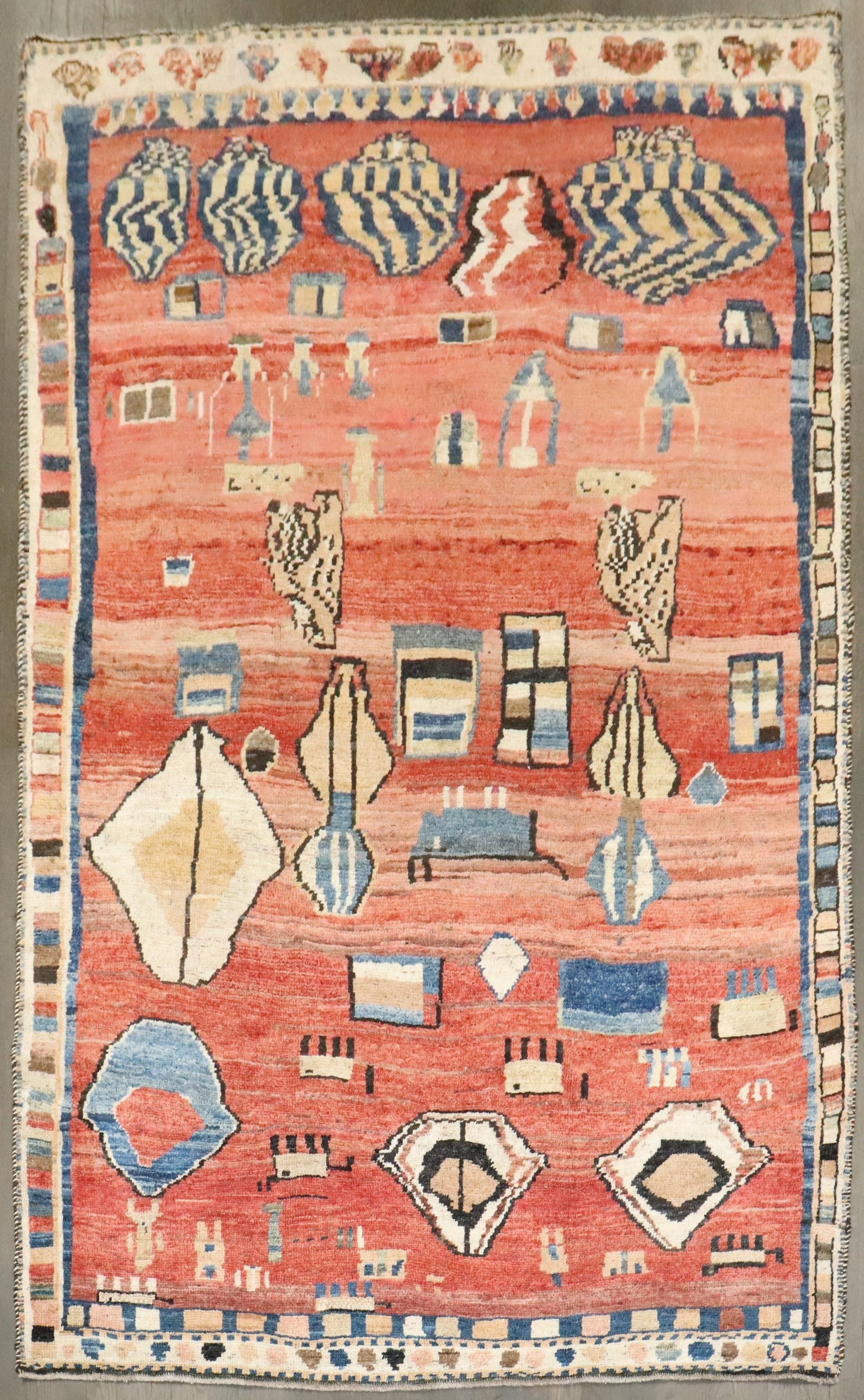 5' x 8' 1" Antique Persian Gabbeh Abstract Rug: 5' x 8' 1" Antique Persian Gabbeh Abstract Rug Early 20th-century antique Persian gabbeh rug with an abstract design. This pre-owned piece is identified as a Gabbeh rug and retains the character of an