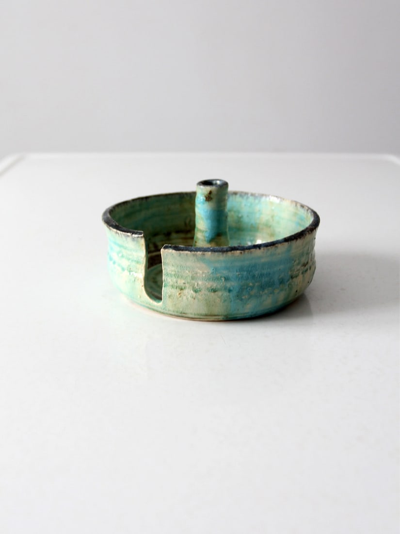 Handmade Vintage Pottery Yarn Bowl Turquoise Green Glaze (1 of 10)