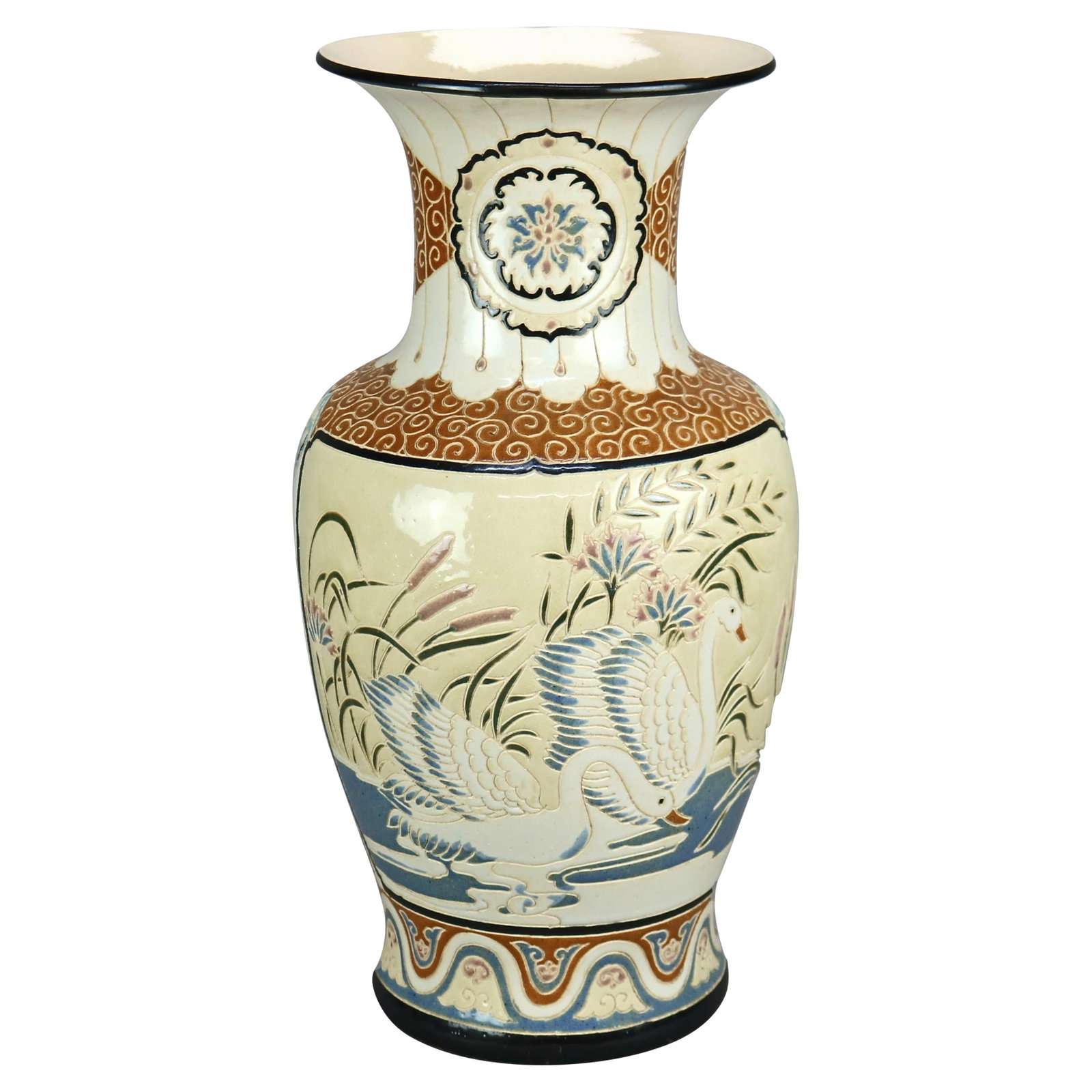 Oversized Antique Satsuma Style Engraved Swan Vase C1920 20.25in (1 of 8)