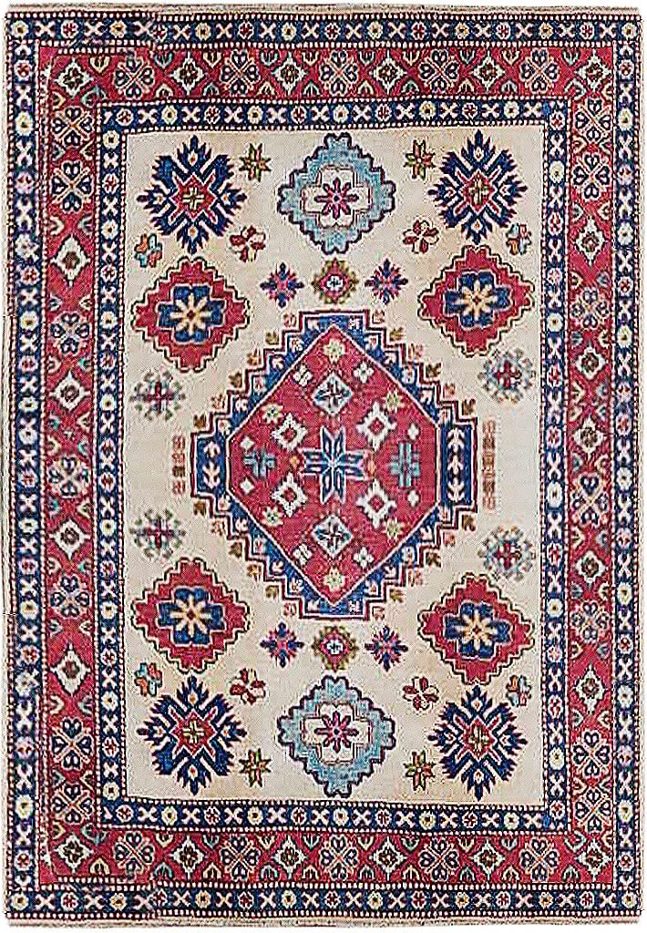 5.1 x 6.4 Handmade Ivory Kazak Rug with Geometric Patterns: 5.1 x 6.4 Handmade Ivory Kazak Rug with Geometric Patterns Free continental US Shipping Enhance your living space with this exquisite 5.1 x 6.4 Ivory Kazak Rug, designed to introduce a touch of luxury