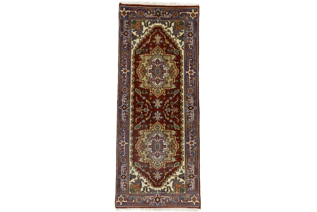 Heriz Serapi Wool Runner 2'5 x 6'0 Floral Tribal Rug: Heriz Serapi Wool Runner 2'5 x 6'0 Floral Tribal Rug Enhance your space with this exquisite Handmade Heriz Serapi Oriental Rug. Crafted from high-quality wool, this runner features a vibrant floral de