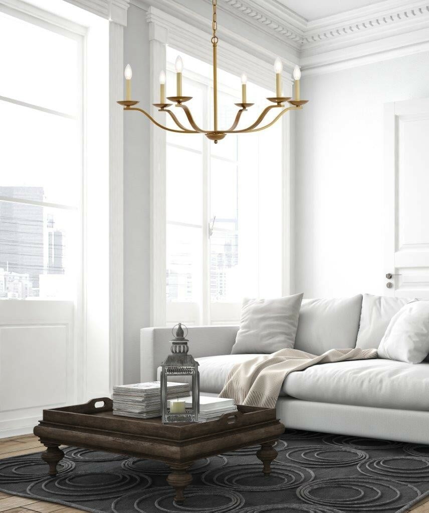Living District Trey Brass 6-Light Adjustable Chandelier 36 in: Living District Trey Brass 6-Light Adjustable Chandelier 36 in This farmhouse French country chandelier features a rustic design with a 36-inch diameter and a striking brass finish. Crafted from iron,
