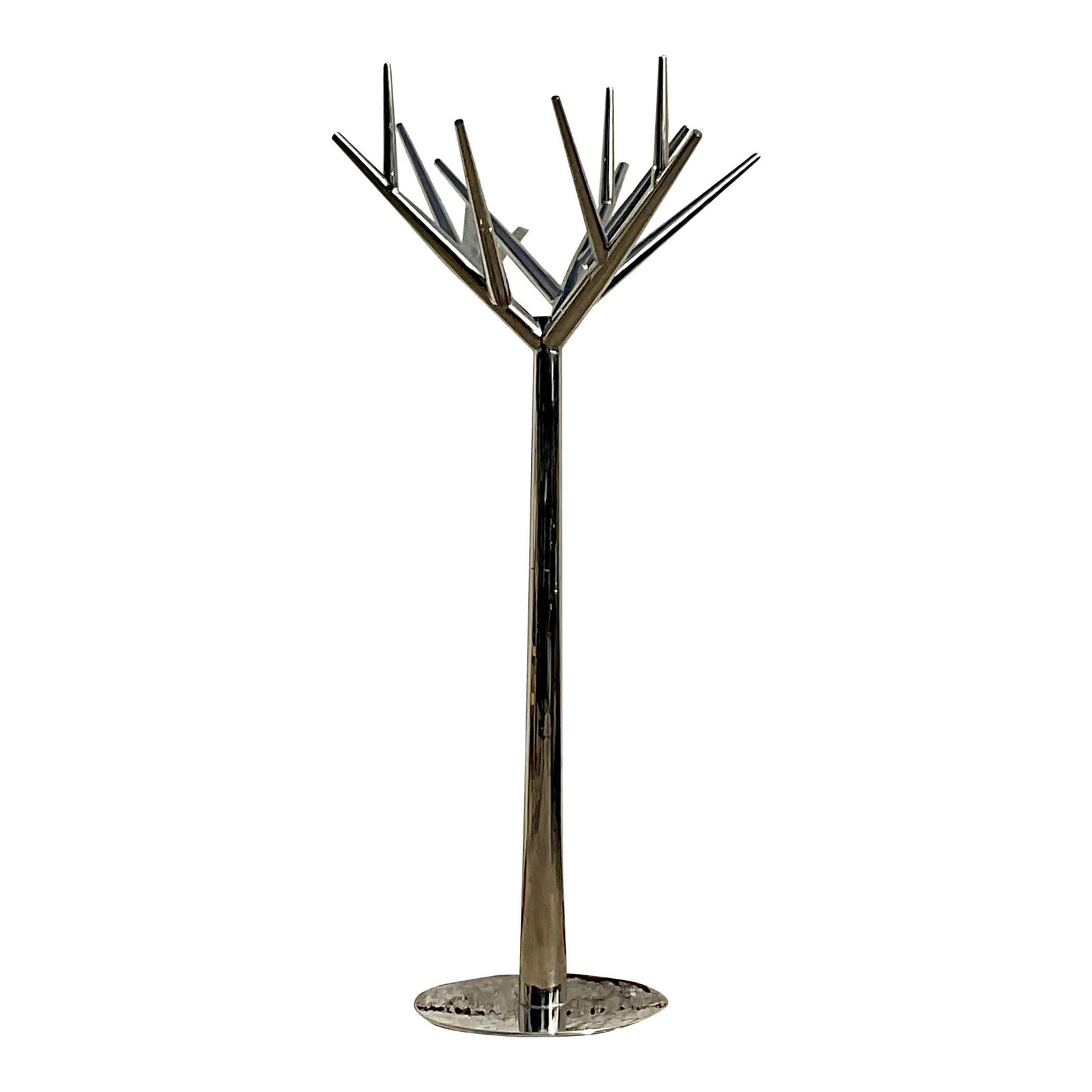 Vintage Chrome Tree Motif Coat Rack Sculpture 64.5": Vintage Chrome Tree Motif Coat Rack Sculpture 64.5" This vintage contemporary coat rack features a stylish polished chrome design, showcasing a clean modern tree motif that serves both functional and 