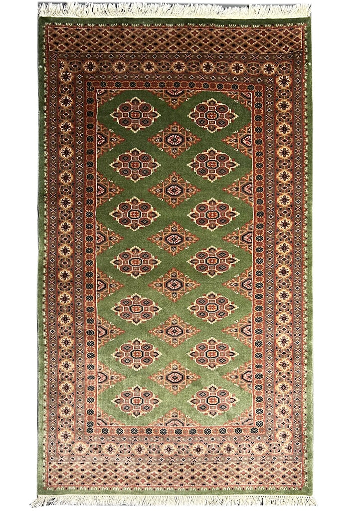 Green Jaldar Hand-knotted Bokhara Rug 3' x 5'2'' Wool Area Rug: Green Jaldar Hand-knotted Bokhara Rug 3' x 5'2'' Wool Area Rug Free continental US Shipping Enhance your living space with our exquisite 3' x 5' Green Jaldar Traditional Hand-knotted Bokhara Rug, a st