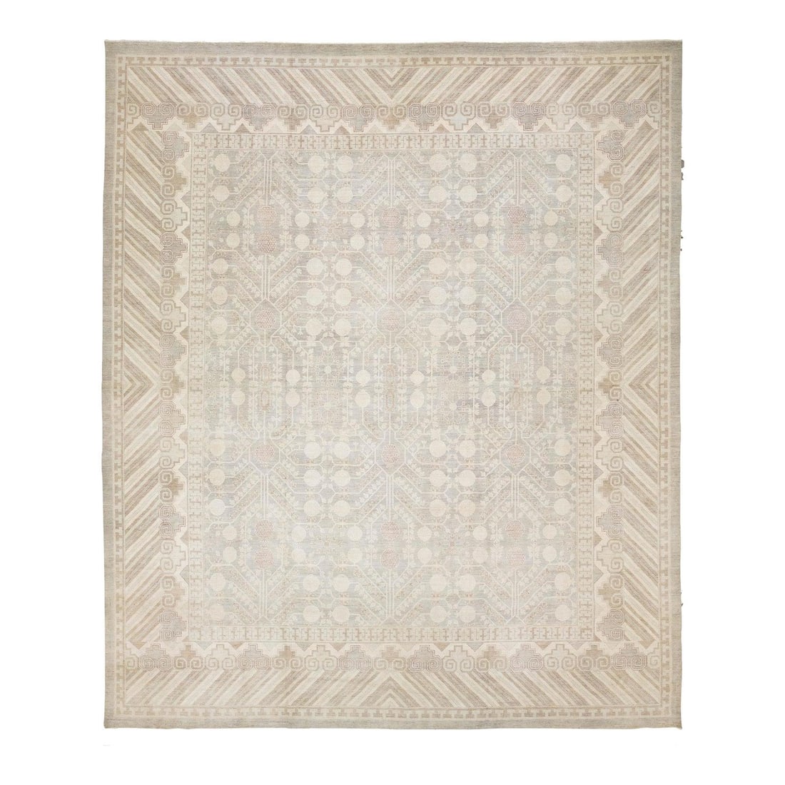 Hand-Knotted Wool Rug Geometric Khotan Motif in Neutral Tones 17x20: Hand-Knotted Wool Rug Geometric Khotan Motif in Neutral Tones 17x20 This hand-knotted wool area rug draws inspiration from traditional East Turkestan Khotan designs, featuring an intricate geometric l