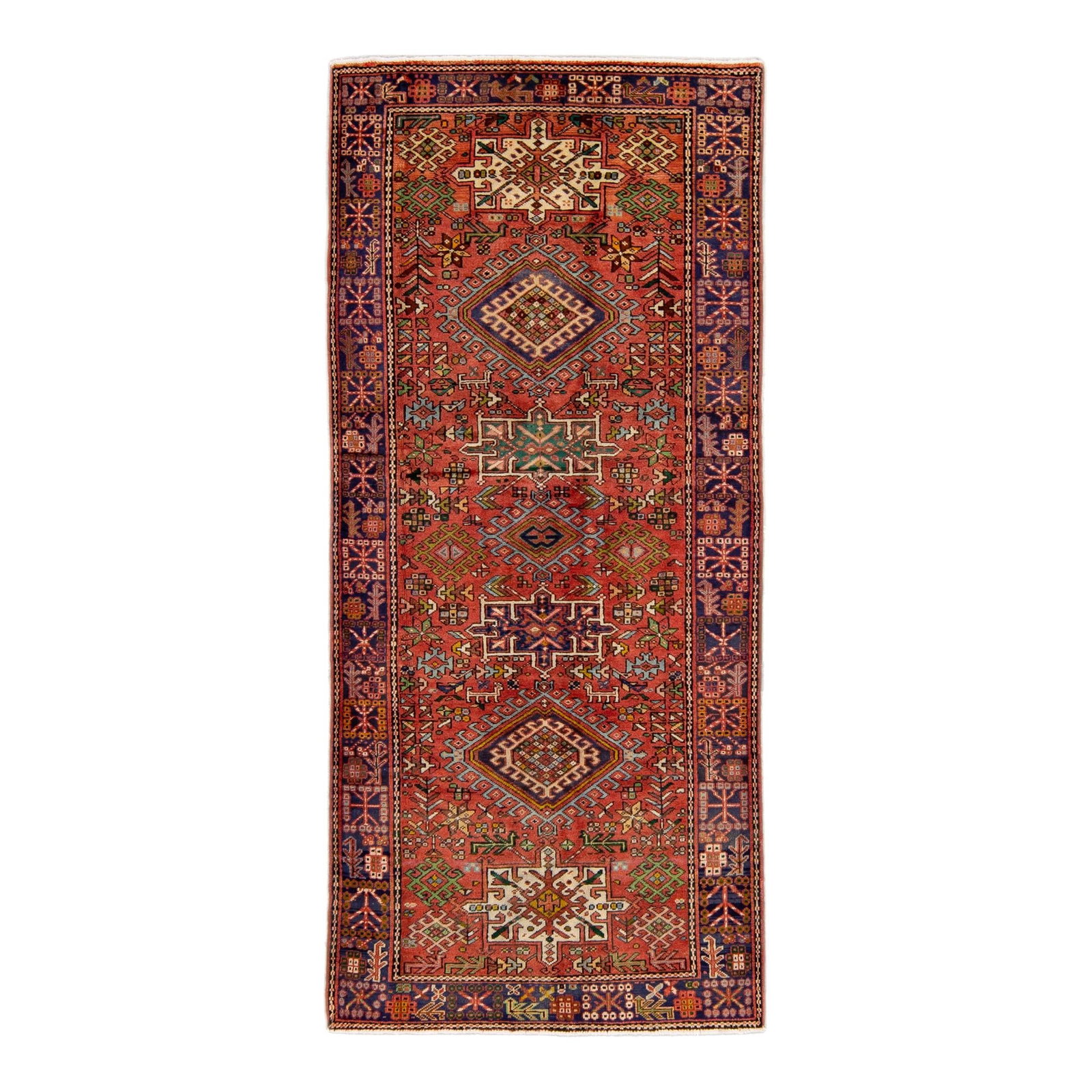 Vintage Persian Heriz Handmade Red Wool Rug Geometric Design 4'5 x 10'4: Vintage Persian Heriz Handmade Red Wool Rug Geometric Design 4'5 x 10'4 This exquisite Vintage Persian Heriz Handmade Wool Rug features an all-over red field adorned with a stunning geometric