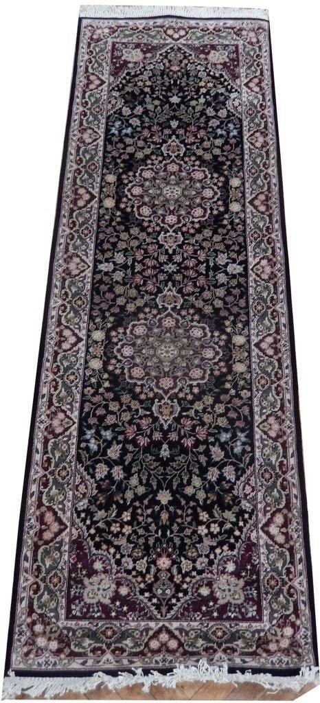 Handmade Black Wool Silk Runner Rug 2.7 x 8 Tabriz Design: Handmade Black Wool Silk Runner Rug 2.7 x 8 Tabriz Design Free continental US Shipping Elevate your home decor with this exquisite Black Traditional Handmade Wool & Silk Runner Rug. Meticulously craft