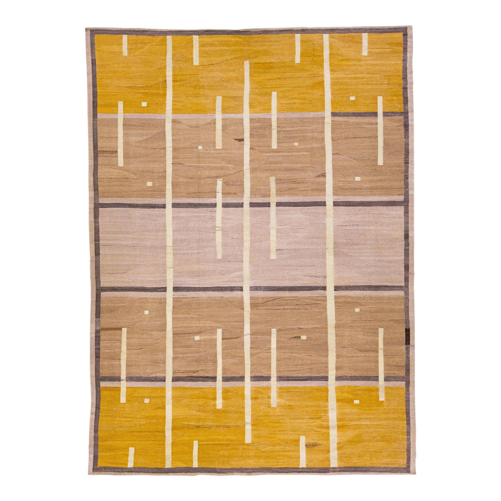 2020s Modern Kilim Wool Rug Brown Yellow Deco Motif 10' x 13'9: 2020s Modern Kilim Wool Rug Brown Yellow Deco Motif 10' x 13'9 Enhance your space with this modern Kilim wool rug, featuring a captivating brown field adorned with vibrant yellow and beige accents. Th