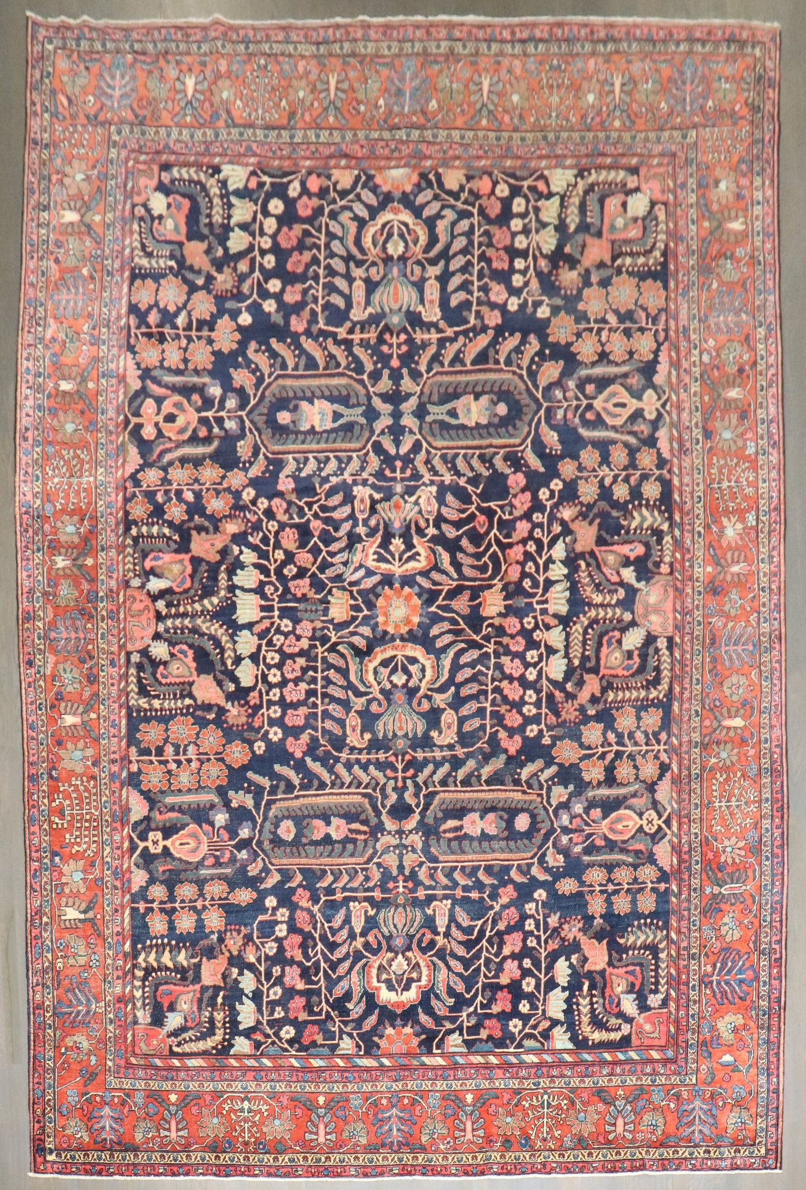 8' 6" x 11' 10" Late 19th Century Sarouk Fereghan Room Rug: 8' 6" x 11' 10" Late 19th Century Sarouk Fereghan Room Rug Late 19th century Sarouk Fereghan room rug with a navy field and intricate traditional patterning. This pre-owned antique rug is identified a