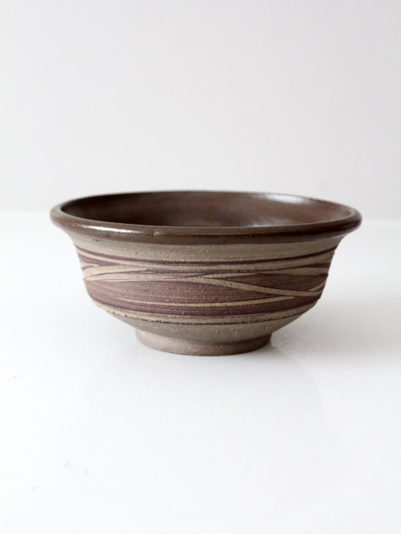 Hand-thrown footed pottery bowl with taupe banding (1 of 8)