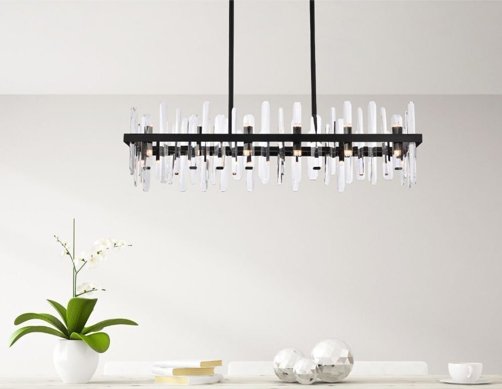 Serena 24-Light Crystal Chandelier Black 42 in: Serena 24-Light Crystal Chandelier Black 42 in Modern black 24-light chandelier with crystal and glass construction, designed for indoor use in rooms such as the dining room, kitchen, living room, hal