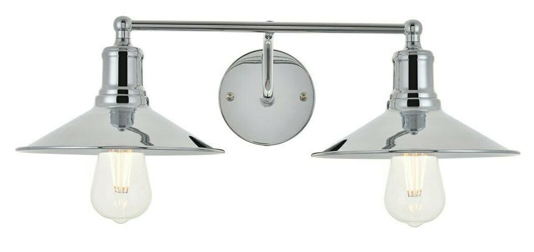 Etude chrome 2-light wall sconce 20.9 inch: Etude chrome 2-light wall sconce 20.9 inch This modern wall sconce features a polished chrome finish and two cone-shaped shades, offering a sleek and contemporary look suitable for various indoor spac