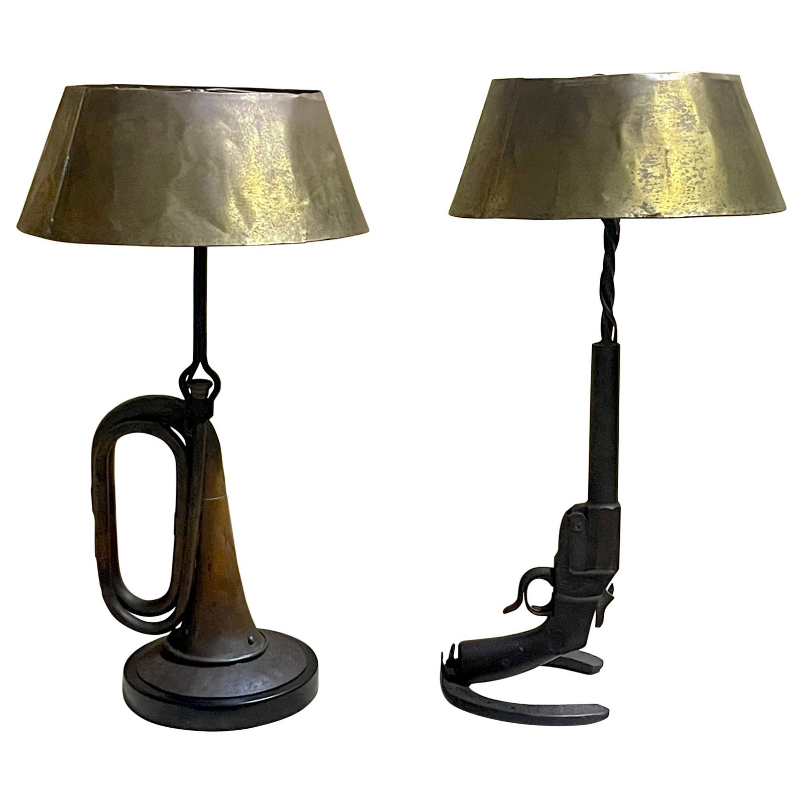 Unique Pair of WWI Trench Art Lamps with Bouillotte Shades: Unique Pair of WWI Trench Art Lamps with Bouillotte Shades Illuminate your space with this remarkable pair of WWI Military Trench Art Memento Lamps, featuring Bouillotte style shades. This unique set,