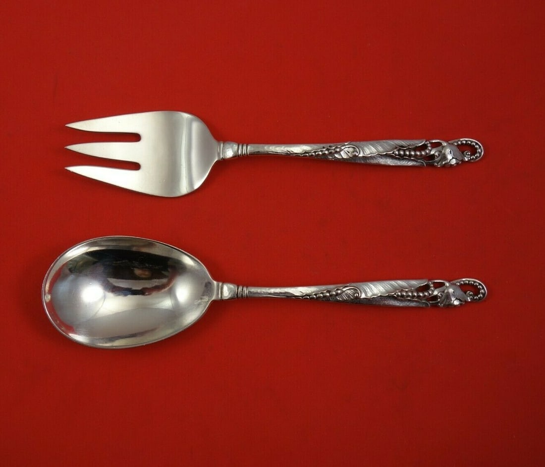 Meriden Britannia 2pc Sterling Silver Salad Serving Set with Leaf and Flower Design 8in (1 of 3)