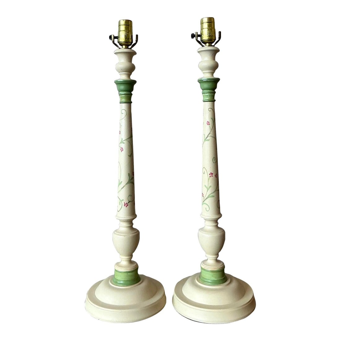 Pair of Hand Painted Regency Style Floral Candlestick Table Lamps: Pair of Hand Painted Regency Style Floral Candlestick Table Lamps This pair of vintage Regency candlestick lamps showcases a classic design with slender silhouettes and hand-painted motifs featuring d