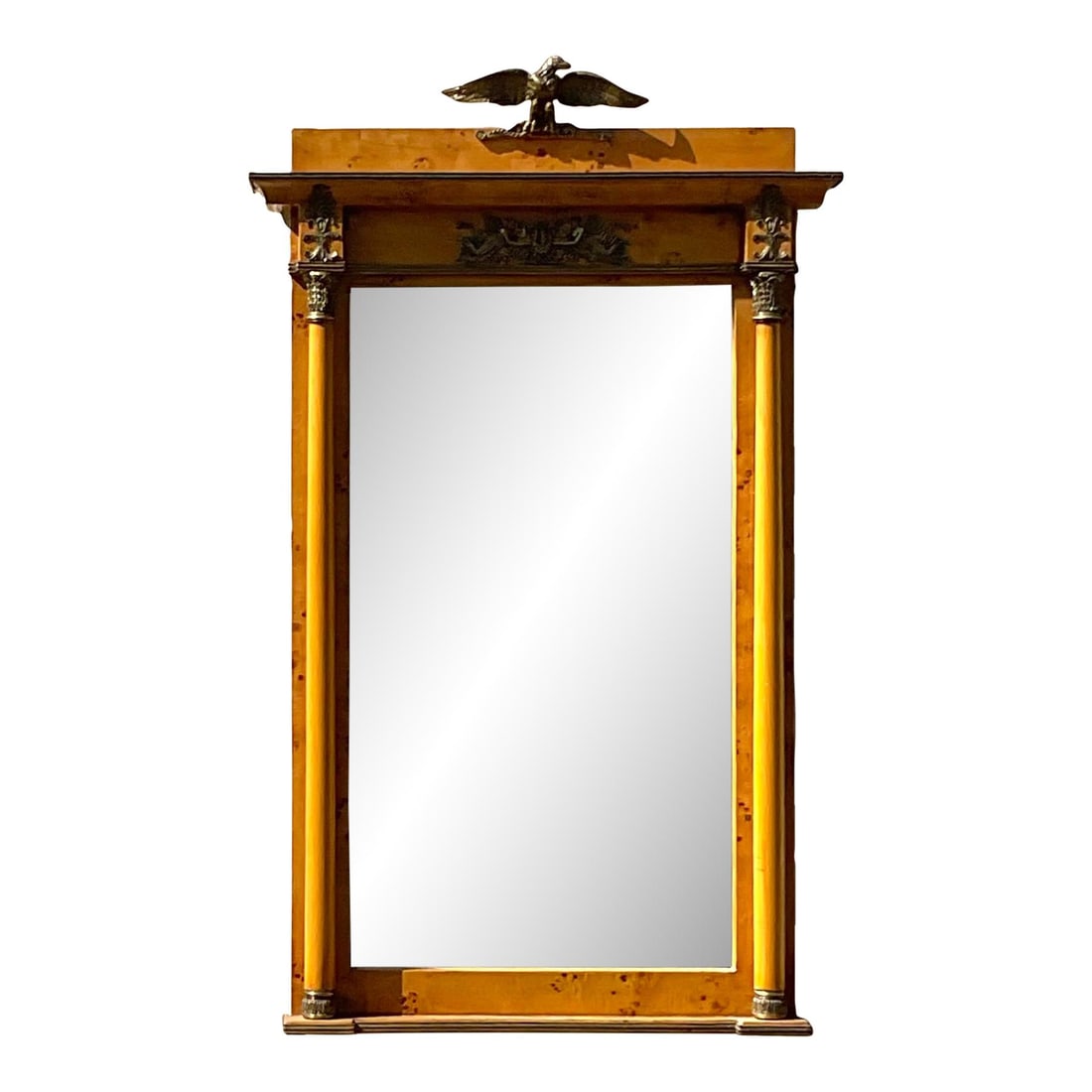 Regency Burl and Ormolu Mirror 36.5 x 60.5 Camel Finish: Regency Burl and Ormolu Mirror 36.5 x 60.5 Camel Finish Exuding regal splendor, this Vintage Regency Burl and Ormolu Mirror is a stunning addition to any decor. This exquisite piece showcases opulent 