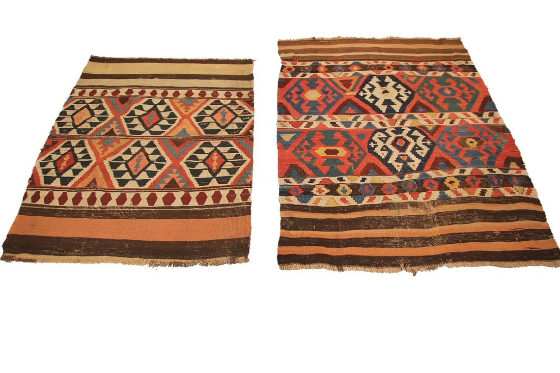 Pair Antique Caucasian Shirvan Flatweave Wool Kelims 4x5 and 4x4 (1 of 12)