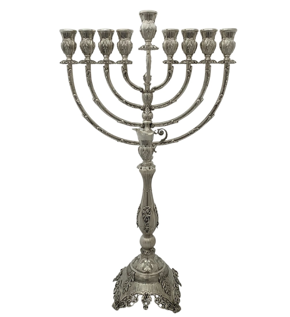 Elegant 925 Sterling Silver Handmade Leaf Applique Chanukah Menorah 27 Inches (1 of 3)