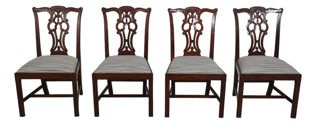 Set of 4 Maitland Smith Mahogany Regency Chairs with Carved Details: Set of 4 Maitland Smith Mahogany Regency Chairs with Carved Details This exquisite set of 4 Maitland Smith Regency Style chairs showcases fine craftsmanship and timeless design. Made from high-quality